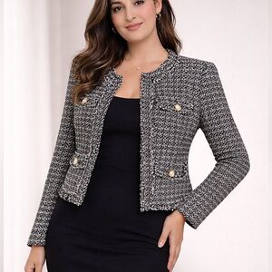 NWT Nanette Lepore Tweed Jacket Blazer Size14 Black White Pearl Chanel Style